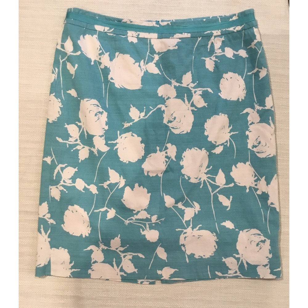 Boden Floral Pencil Skirt Size 12L Teal White Knee Length Feminine Lined Casual